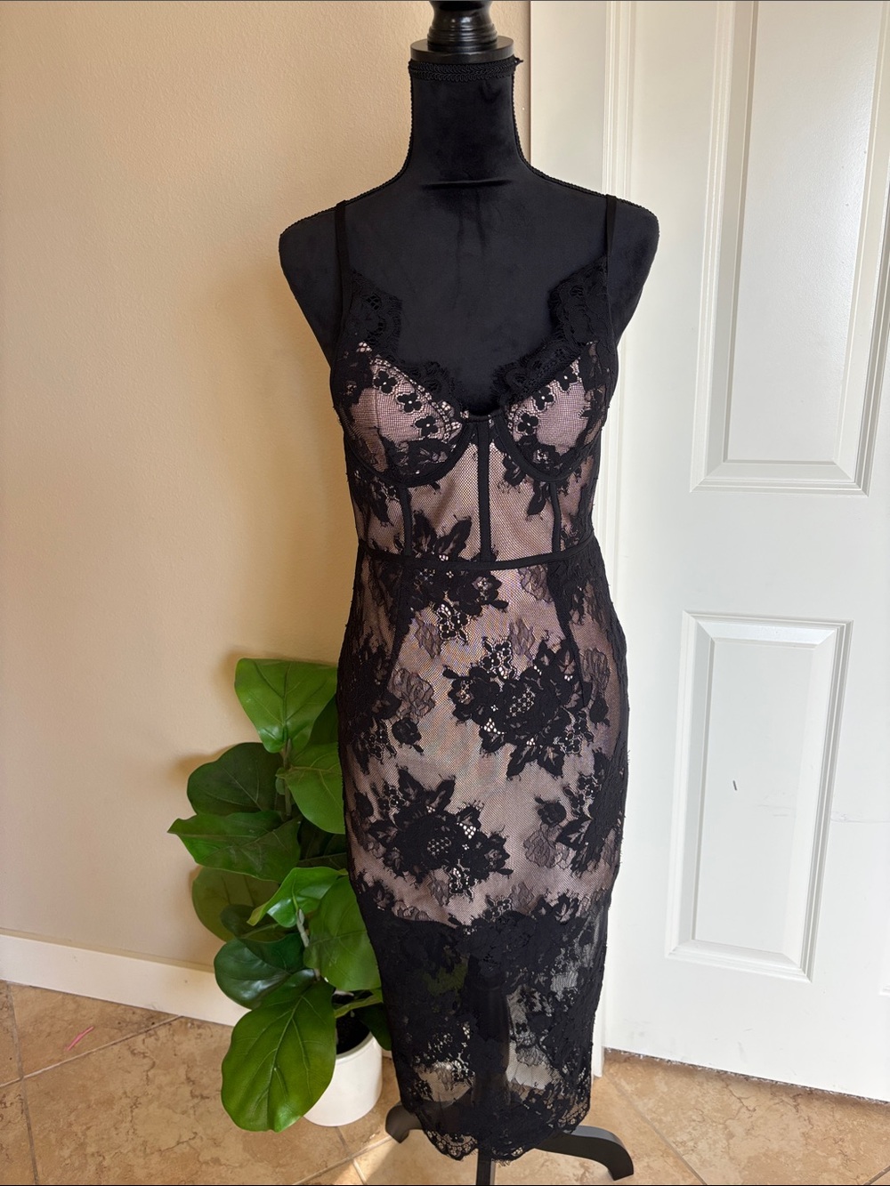 Black Lace Sheer Chemise with Nude Lining - Women Intimates